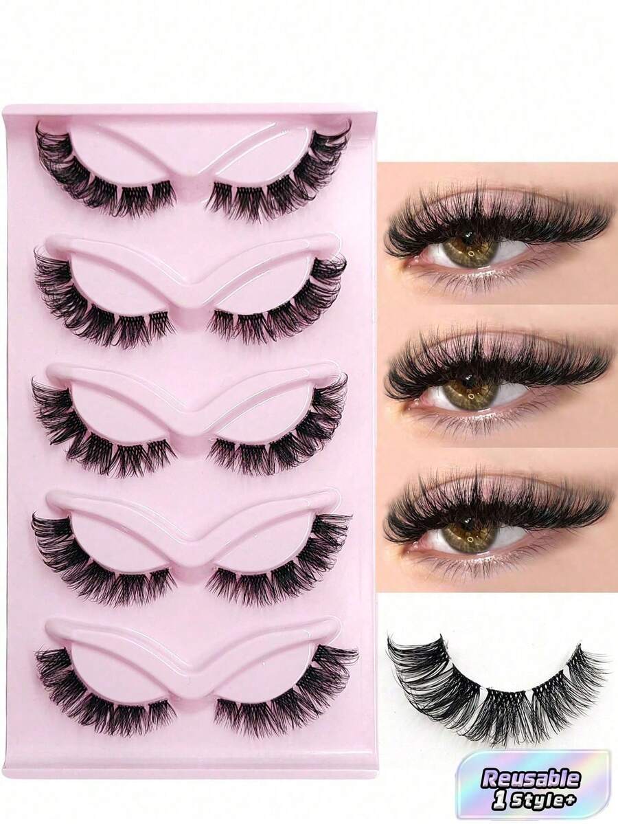 5 Pairs Cat Eye False Eyelashes, Fluffy & Soft, Transparent Band, Natural Long Style With Winged Tail, Elongating Eye Shape - Black - View 1