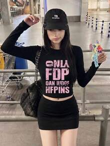 New Black Short Long Sleeve T-Shirt Women Y2K Generation Fun Pink English Print Spring Autumn Korean Style Round Neck Versatile Casual Slim Fit Top - Black - View 4