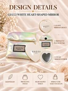 Cermin rias berbentuk hati berwarna putih merek Gucci, ukuran 7,5 cm, satu buah, cermin bening, ringkas dan portabel, dilengkapi dengan tas penyimpanan, cocok untuk bepergian dan merias wajah sehari-hari. - Putih - View 6