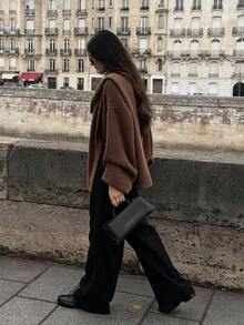 NOVELLE Women's Brown Cape V-Neck Knit Sweater, Autumn Winter Wide Sleeve Drop Shoulder Loose Drape Lazy Pullover Top, Commute, Dating And Shopping - Brown - View 5