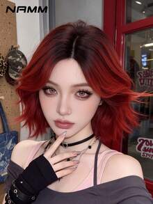 NAMM Ombre Red Wig For Women 12 Inch Short Curly Wavy Bob Wigs With Curtain Bangs NaturalSynthetic Heat-Resistant Fiber Hair For Daily Cosplay Party Use, Halloween - Multicolor - View 1