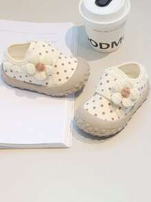 1 Pasang Sepatu Jalan Bayi Perempuan Baru Musim Semi/Gugur Motif Polkadot & Bunga, Sol Lembut dengan Perekat Velcro di Ujung Sepatu, Sepatu Loafer Anti-Tendang - Krem - View 2