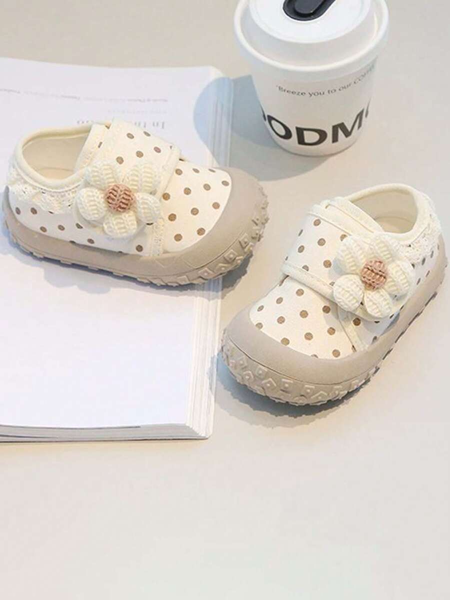 1 Pasang Sepatu Jalan Bayi Perempuan Baru Musim Semi/Gugur Motif Polkadot & Bunga, Sol Lembut dengan Perekat Velcro di Ujung Sepatu, Sepatu Loafer Anti-Tendang