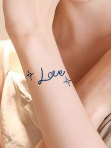 1pc Herbal Juice Semi-Permanent Magic Tattoo Sticker, Minimalist Love & Star Pattern, Long-Lasting 14 Days, Non-Fading, Non-Reflective, Temporary Tattoo For Arm, Shoulder, Neck, Collarbone And Body - Blue - View 5