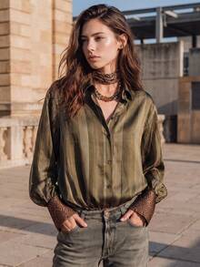 Women's Autumn Long Sleeve Top, Fashionable Elegant Casual Striped Print Leopard Print Cuff Patchwork Design, All-Season Daily Commute Blouse - Dark Green - View 2