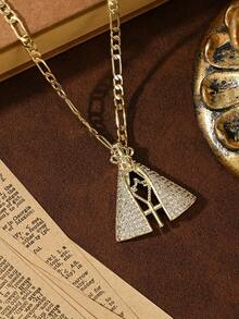 1PC European & American Classic Fashion Religious Element Layering Necklace, 14k Gold Plated Copper Vintage Gold Single-Sided Inlaid Zirconia Cape Style 3D Our Lady Of Aparecida & Hollow Cross Guardian Light Limited Edition Necklace, With 60cm Figaro Chain, Suitable For Christmas/Thanksgiving/Halloween/Mother's Day/Valentine's Day Couples/Friends/Fellow Believers Gifts, Catholic First Communion, Gift, Daily & Holiday Wear Prayer - Yellow Gold - View 3