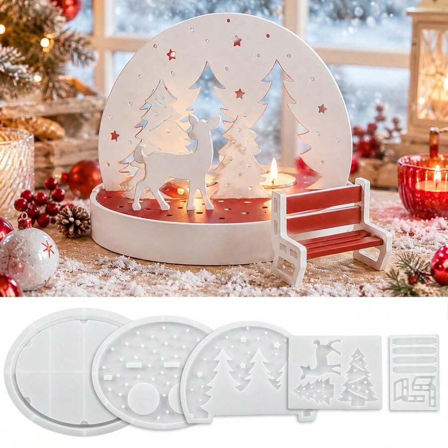 5pcs Christmas Silicone Molds, Christmas Tree, Reindeer, Bench And Other Decorative Christmas Candle Holder Molds, Suitable For Making Christmas Decoration Ornaments, Can Be Used For Plaster, Resin And Other Handicrafts, Handmade Molds, Reusable, Easy To Demold - Christmas Silicone Mold - View 1