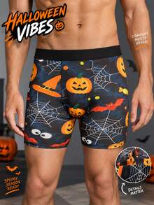 1 chiếc quần lót boxer nam, chất vải mềm thân thiện với da, họa tiết Halloween vui nhộn hình dơi, bí ngô và kẹo, in ấn nổi bật cho các dịp lễ hội - Nhiều màu - Xem 1