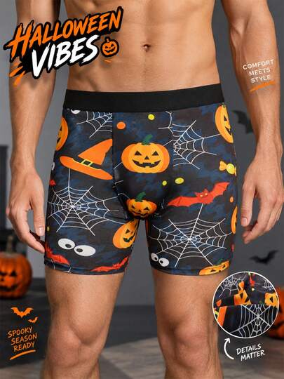 1pc Men's Boxer Briefs, Soft Skin-Friendly Fabric, Fun Halloween Bat, Pumpkin And Candy Pattern, Eye-Catching Print Underwear For Holiday Occasions