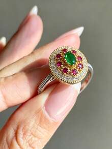 1PC Retro Boho Red Cubic Zirconia Two Tone Golden Ring For Women Unique Silvery Ring Turkish Handmade Ring Daily Party Vacation Jewelry Gifts - Style 1 - View 1