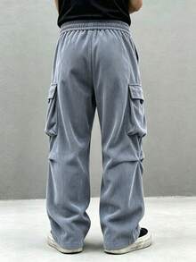 Men's Corduroy Cargo Pants With Elastic Drawstring Waist, Multiple Pockets, Wide Leg Casual Long Pants, Autumn/Winter - Dusty Blue - View 3