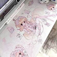 Kawaii Anime Angel Girl PU Leather Desk Mat, Large Pink Cute Cartoon Print Mouse Pad, Waterproof Non-Slip Table Protector, Aesthetic Keyboard Pad For Gaming Room Desk Decor - View 1