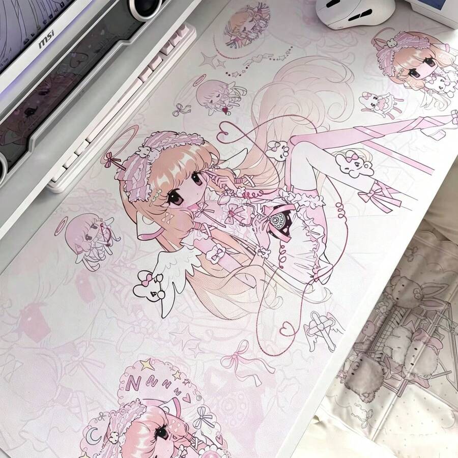 Kawaii Anime Angel Girl PU Leather Desk Mat, Large Pink Cute Cartoon Print Mouse Pad, Waterproof Non-Slip Table Protector, Aesthetic Keyboard Pad For Gaming Room Desk Decor - View 1
