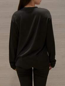 Slightly Dropped Shoulder Long Sleeve T-Shirt, Solid Black, Loose Casual Fit - Black - View 5