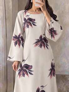 OENY | Arabic Long Dress, Elegant Style With Oversized Floral Print, Round Neck And Long Sleeve Design, Back Waist Tie - Baby Pink - View 6