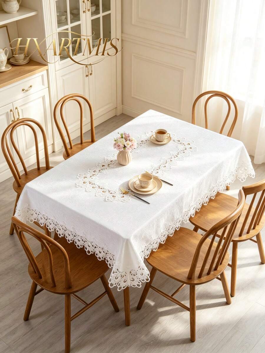 HXARTMIS 1pc White Lace Trimmed Rectangular Tablecloth, Elegant Hollow Embroidered Dining Table Cover, Suitable For Restaurant, Kitchen, Wedding And Party Decoration, Vintage Style And Breathable