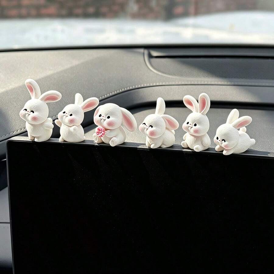 6pcs Random Creative Cute Big Ear Rabbit Car Dashboard Desktop Ornament DIY Car Interior Office Desk Computer Screen Decoration Accessories Holiday Gift - Big-eared Rabbit - View 1