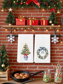 2 Pcs Blue Chinoiserie Seashell Christmas Tree Wreath Print Watercolor Style Microfiber Rectangular Absorbent Kitchen Towels For Christmas Winter Kitchen Decor - Green - View 4
