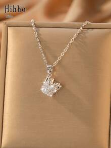 Hihho 1pc Vintage 3D Crown Necklace, Gold & Silver Dual Color Optional, Exquisite Women's Versatile Collarbone Chain - 3D Crown - View 5