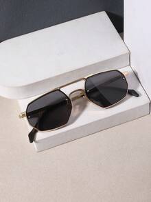 1 PC Men's Double Beam Aviator Fashion Glasses Lightweight Metal Frame Material Gray Lens Casual Simple Style For Driving Road Trips With Glasses Box - Multicolor - View 9