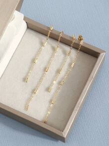 1 Pair Long Tassel Earrings, Gold Flattened Cross Clip Tube Chain O-Ring Chain Earrings, Niche Style - Gold - View 2