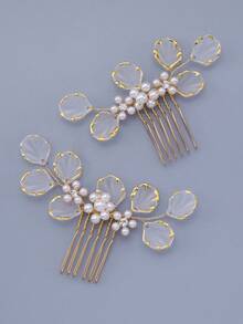 2pcs Pearl Minimalist Versatile Bridal Hair Combs Hair Accessories Suitable For Wedding And Daily Occasions - Gold - View 5