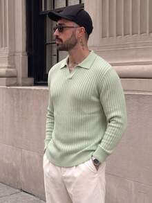 Lookun Men's Knitted Polo Sweater, Small Collar, Casual Drop Shoulder, Korean Style, Lazy, Autumn/Winter - Green - View 4