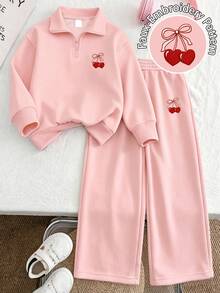 2pcs/Set Girls Outfit, Half-Zip Polo Collar Sweatshirt, Cherry Print, Embroidery Effect, Casual Wide Leg Pants, Autumn/Winter New Arrival - Pink - View 1