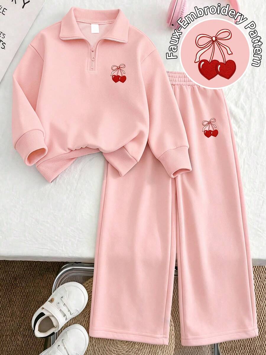 2pcs/Set Girls Outfit, Half-Zip Polo Collar Sweatshirt, Cherry Print, Embroidery Effect, Casual Wide Leg Pants, Autumn/Winter New Arrival - Pink - View 1