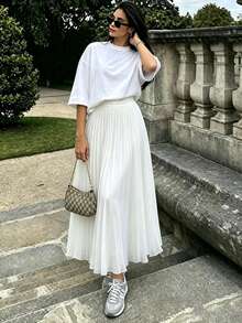 Women's Solid Color Minimalist Round Neck Short Sleeve Top And Long Skirt 2 Pieces Set - White - View 1