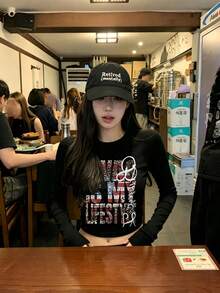 New Black Short Long Sleeve T-Shirt Women Y2K Generation Design English Print Spring Autumn Korean Style Round Neck Versatile Casual Slim Fit Top - Black - View 5