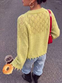 Sweet Bow Hollow Out Pullover Sweater, Long Sleeve Top For Women - Green - View 4