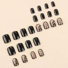 12pcs Random Short Square Mysterious Black Vine Rhinestone Press-On Nails, Suitable For Women And Girls, Includes Jelly Glue And Nail File - Black - View 4