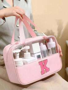 1pc Pink PU Leather Transparent Toiletry Bag, Portable Chenille Letter Storage Bag With Embroidered Letters, Makeup Bag, Wash Bag, Travel Bag, Bathroom Accessory, Suitable For Home, Outdoor, Daily Use. - Multicolor - View 25