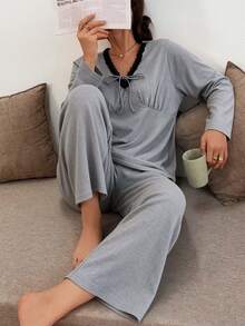 French Lace Trim V-Neck Drawstring Pajamas For Women, Ruched Bust Design, Grey Long Sleeve Sleepwear Loungewear 2 Pieces Set, Suitable For Outdoor Wear - Grey - View 2