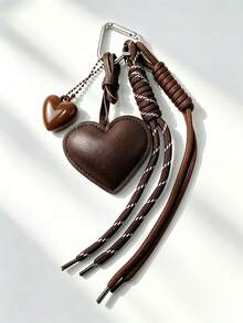 1 Set Vintage PU Leather Heart Keychain, Braided Rope Tassel Bag Charm, Car Key Ring, Car Interior Hanging Ornament, Premium Bag Accessory, Sweet & Cool Style Decorative Gift, Valentine's Day, Christmas Gift, Best Friend Matching Gift - Multicolor - View 7