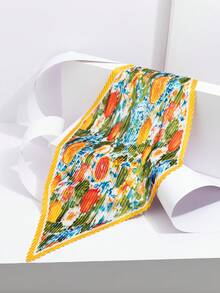 1pc New Watercolor Style Large Floral Pleated Silk Scarf, Satin Pointed Triangular Bandana, Spring/Summer Outfit Accessory, Bag Decoration Small Scarf - Multicolor - View 7