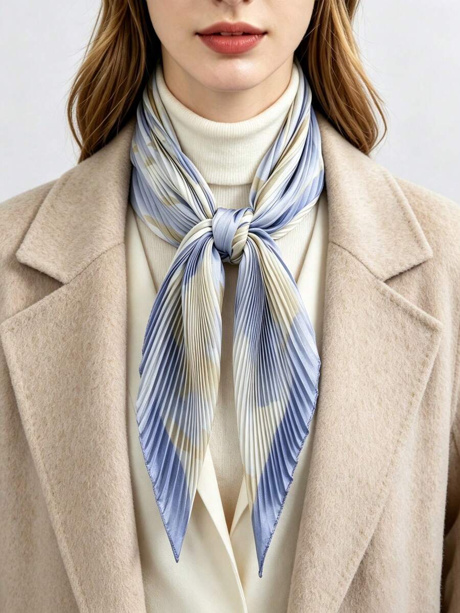 1pc New Style Mature Chic Horse Bit Chain Pleated Silk Scarf, Satin Pointed Triangular Bandana, Commuter Outfit Bag Decor Small Neck Scarf - Multicolor - View 1
