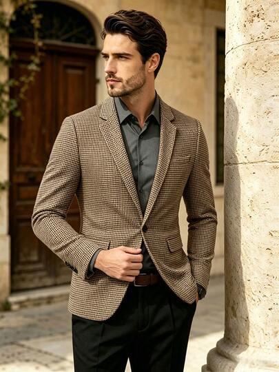 Men's Elegant Vintage Suit Jacket, Houndstooth Old Money Style, Suitable For Dinner Parties, Banquets, Party Hosting, Romantic Vacation Fashion Blazer