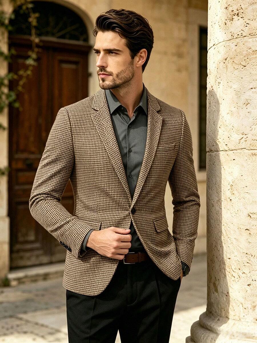 Jaket Jas Pria Elegan Vintage Motif Houndstooth Gaya Old Money, Cocok untuk Pesta Makan Malam, Perjamuan, Tuan Rumah Pesta, Blazer Fashion Liburan Romantis - Khaki - View 1