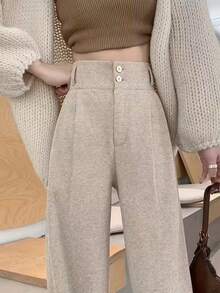 Autumn Wool French Design Niche Straight Leg Suit Pants High Waist Elegant Luxury Professional Christmas Office - Khaki - View 2