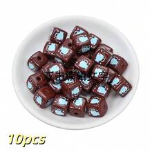 10pcs 15mm Autumn/Winter Brown Square Acrylic Beads With Blue Printed Pattern, DIY Jewelry Making Materials For Bracelets, Necklaces, Keychains, Bag Charms - Brown - View 9