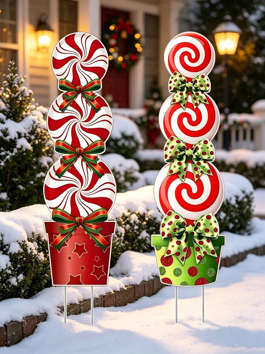 Christmas Candy Outdoor Yard Sign With Ground Stake, Large Candy Cane Yard Decor, Christmas Yard Sign Set, Suitable For Winter Holiday Parties, Front Yard, Garden Path, Christmas Decoration Accessories - Candy Style - View 1