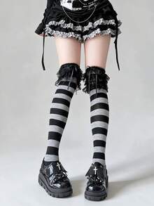 STAR RIVER Gothic Lace Trim Striped Over-The-Knee Socks, Lolita Subculture Punk Japanese Style Knee-High Socks Y2K, Halloween - Multicolor - View 7