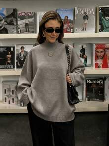 Women's New Minimalist Versatile Casual Drop Shoulder Long Sleeve Sweater - Heather Gray - View 3