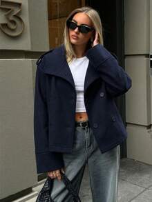 Women's Autumn Fashion Commuter Personalized Versatile Long Sleeve Stand Collar Double-Breasted Loose Woolen Cardigan Jacket Coat - Navy Blue - View 2