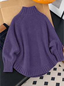 Plus Size High Neck Cable Knit Sweater, Raglan Long Sleeve Loose Solid Pullover - Purple - View 2
