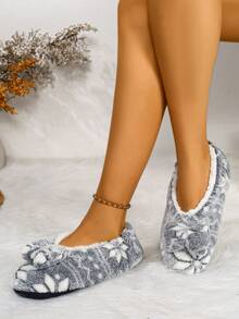 RALSWNAY Women's Bowknot Decor Plush Comfortable Home Slippers Snowflake Christmas Floor Shoes - Light Grey - View 2