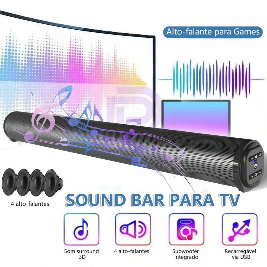 Caixa de Som Potente de 20W Compatível com Televisão, Computador e Notebook - Som de Alta Qualidade para o Ambiente Doméstico - Preto - Visão 1