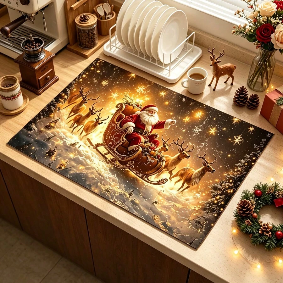 1pc Dish Drying Mat, Coffee Machine Mat, Christmas Reindeer Sleigh Pattern Dish Drying Mat, Kitchen Mat To Protect Tabletop, Suitable For Daily Drying, Christmas Party And Other Occasions, Dining Table Mat, Multi-Purpose Drying Mat, Home Gift, Tabletop Decor